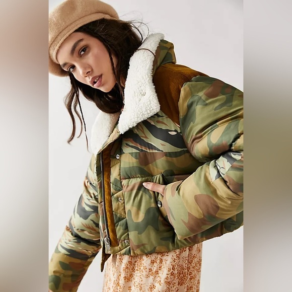 New! Free People x We The Free Camouflage Jacket with Shearling Collar 💚 Medium - Picture 10 of 10